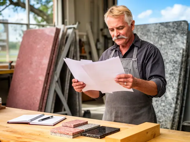 Owner of a stone-countertop fabrication shop reviewing paperwork at a work table